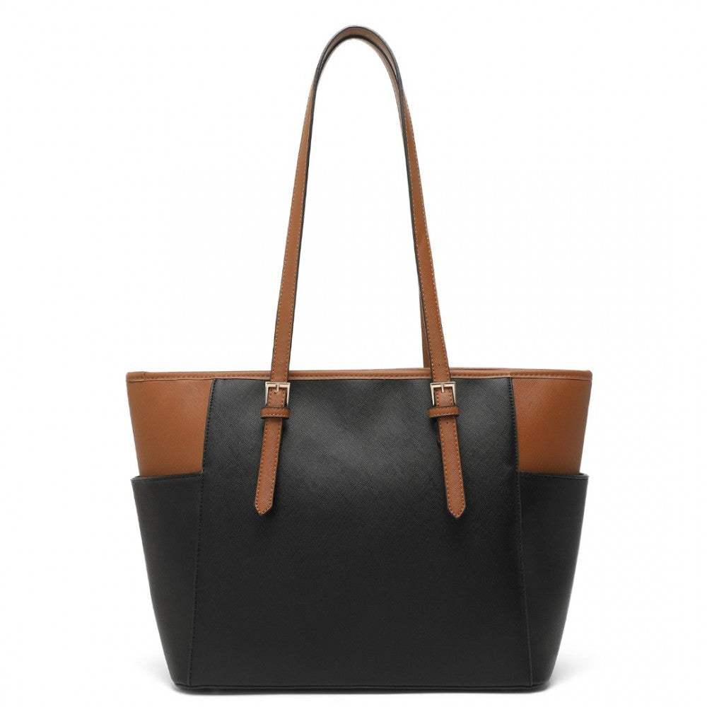 LM1642-1 - MISS LULU FAUX LEATHER ADJUSTABLE HANDLE TOTE BAG - BLACK AND BROWN - The Baggage Shop