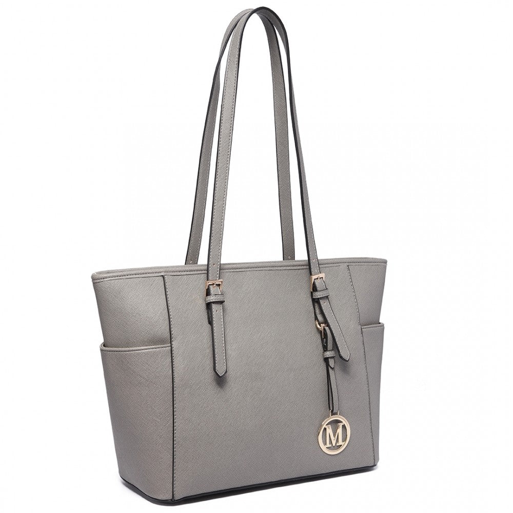 LM1642-1 - MISS LULU FAUX LEATHER ADJUSTABLE HANDLE TOTE BAG - GREY - The Baggage Shop