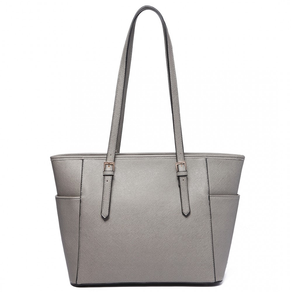LM1642-1 - MISS LULU FAUX LEATHER ADJUSTABLE HANDLE TOTE BAG - GREY - The Baggage Shop