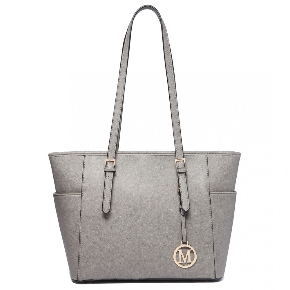 LM1642-1 - MISS LULU FAUX LEATHER ADJUSTABLE HANDLE TOTE BAG - GREY - The Baggage Shop