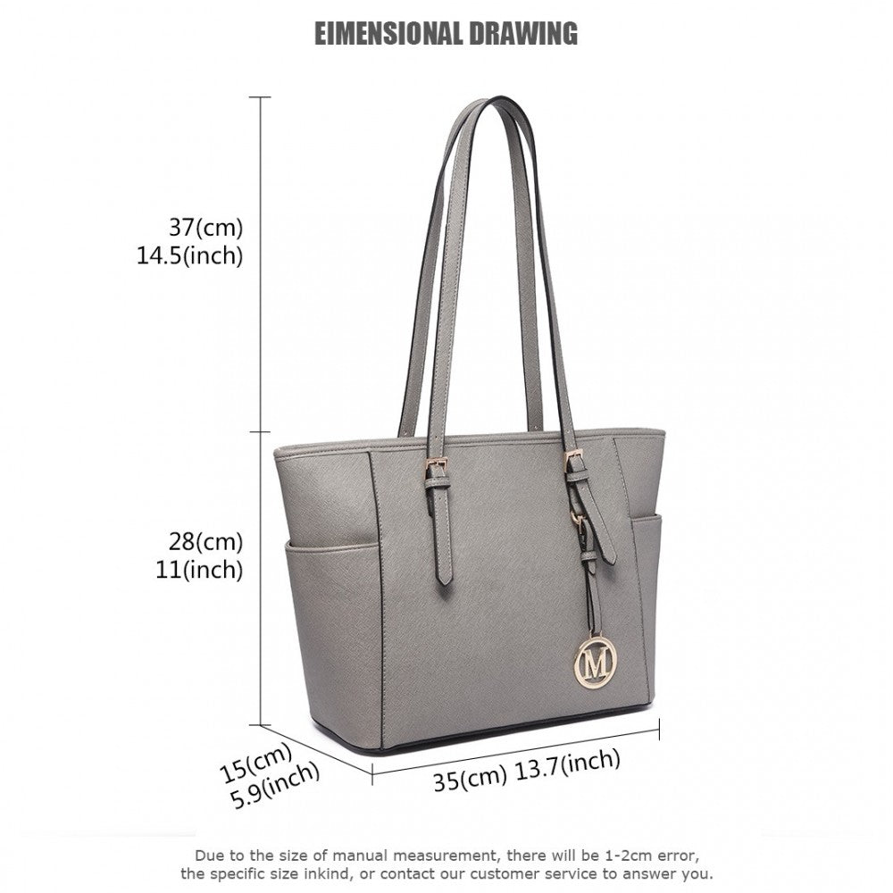 LM1642-1 - MISS LULU FAUX LEATHER ADJUSTABLE HANDLE TOTE BAG - GREY - The Baggage Shop