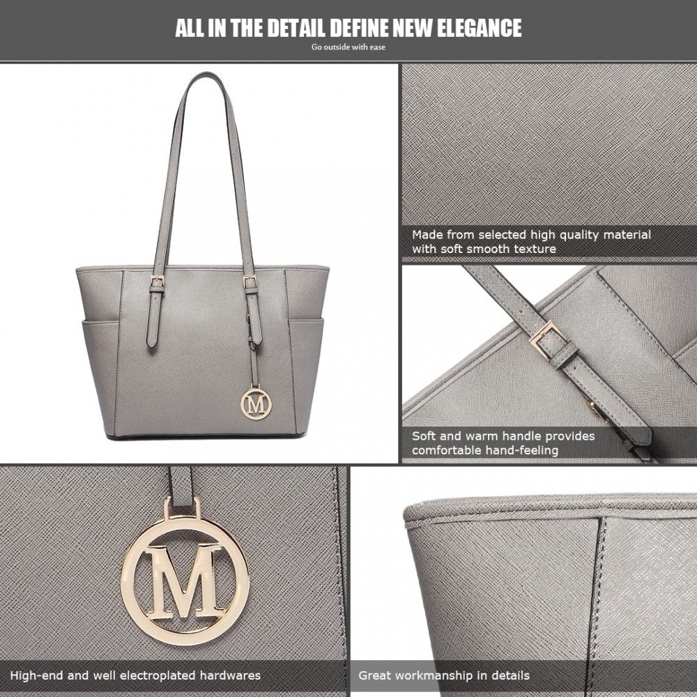 LM1642-1 - MISS LULU FAUX LEATHER ADJUSTABLE HANDLE TOTE BAG - GREY - The Baggage Shop