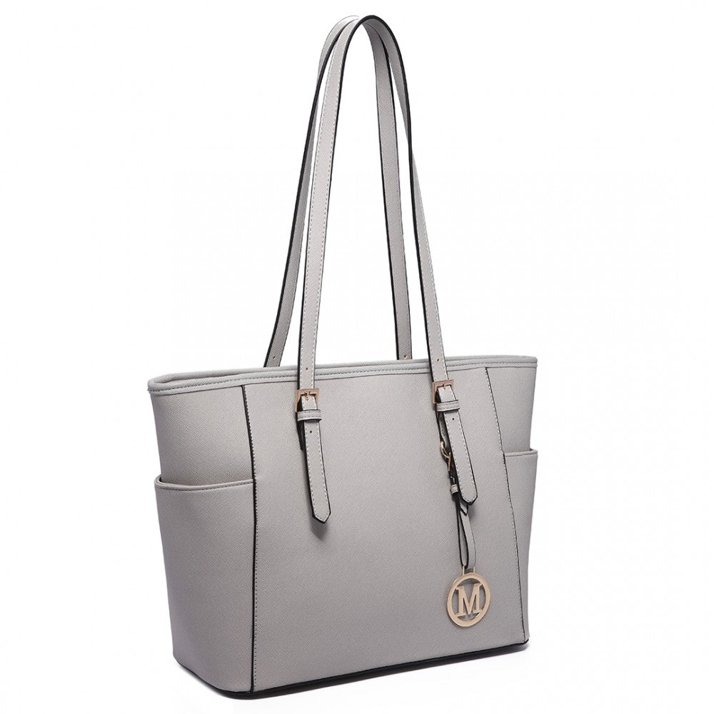LM1642-1 - MISS LULU FAUX LEATHER ADJUSTABLE HANDLE TOTE BAG - LIGHT GREY - The Baggage Shop