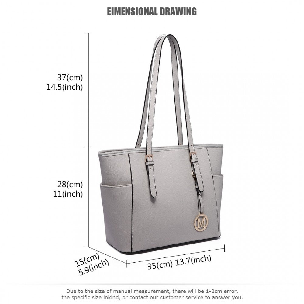 LM1642-1 - MISS LULU FAUX LEATHER ADJUSTABLE HANDLE TOTE BAG - LIGHT GREY - The Baggage Shop