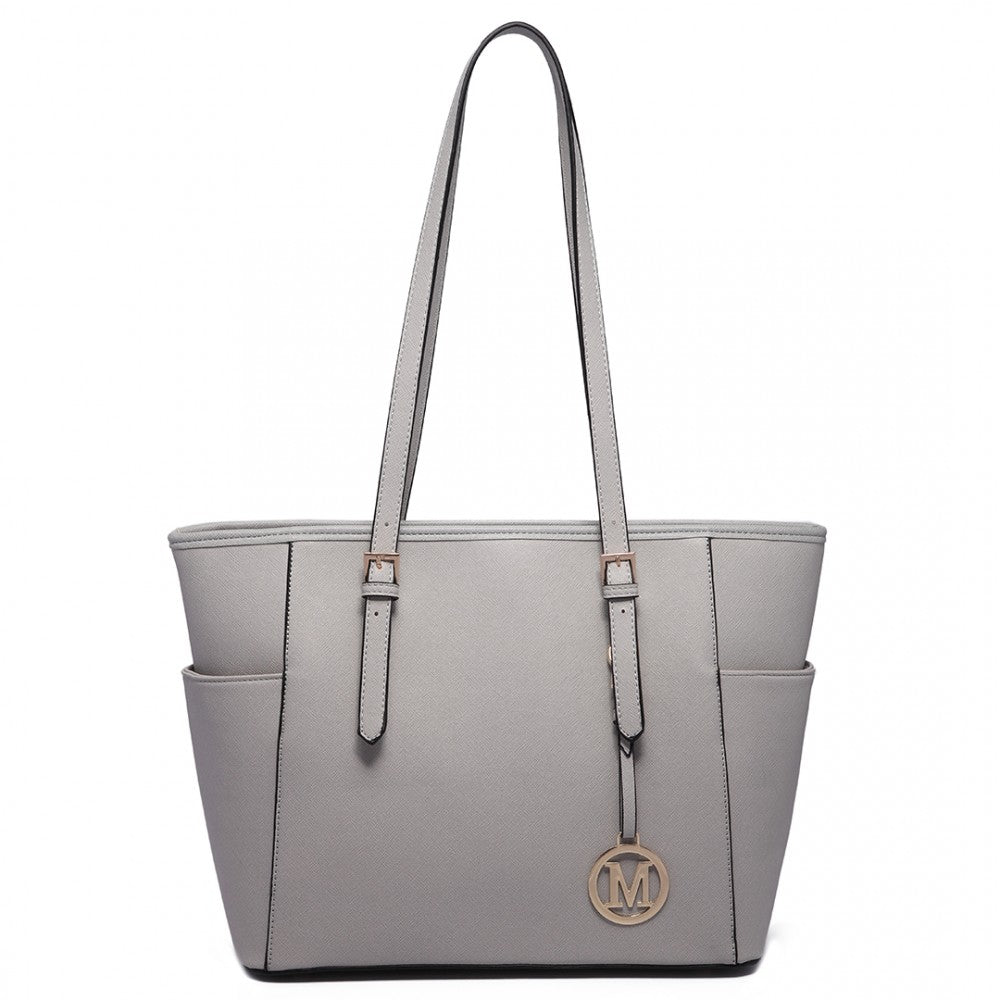 LM1642-1 - MISS LULU FAUX LEATHER ADJUSTABLE HANDLE TOTE BAG - LIGHT GREY - The Baggage Shop