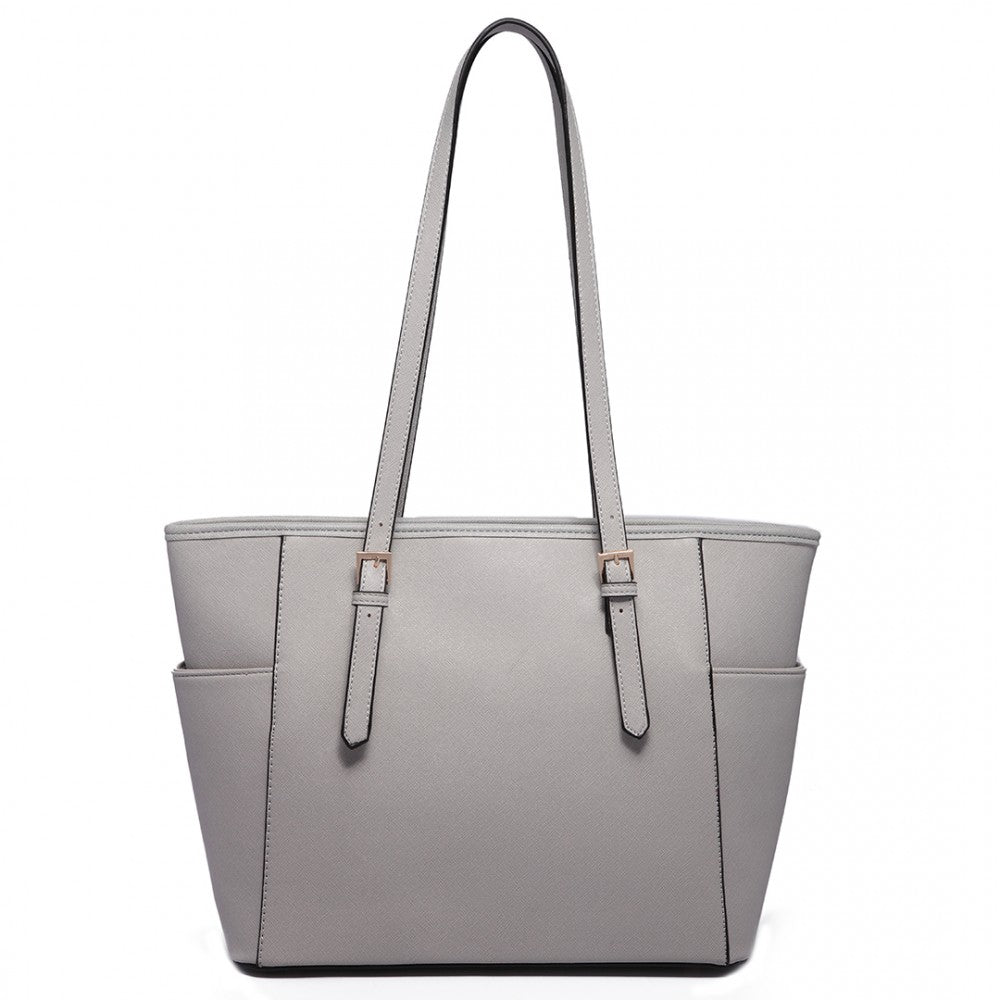 LM1642-1 - MISS LULU FAUX LEATHER ADJUSTABLE HANDLE TOTE BAG - LIGHT GREY - The Baggage Shop