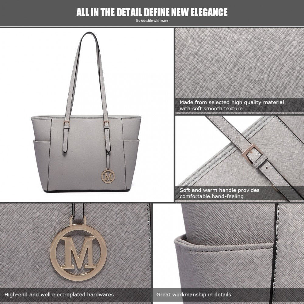 LM1642-1 - MISS LULU FAUX LEATHER ADJUSTABLE HANDLE TOTE BAG - LIGHT GREY - The Baggage Shop