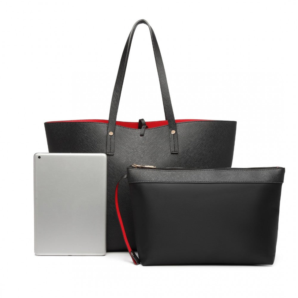 LT6628-1 - MISS LULU WOMEN REVERSIBLE CONTRAST SHOPPER TOTE BAG BLACK - The Baggage Shop