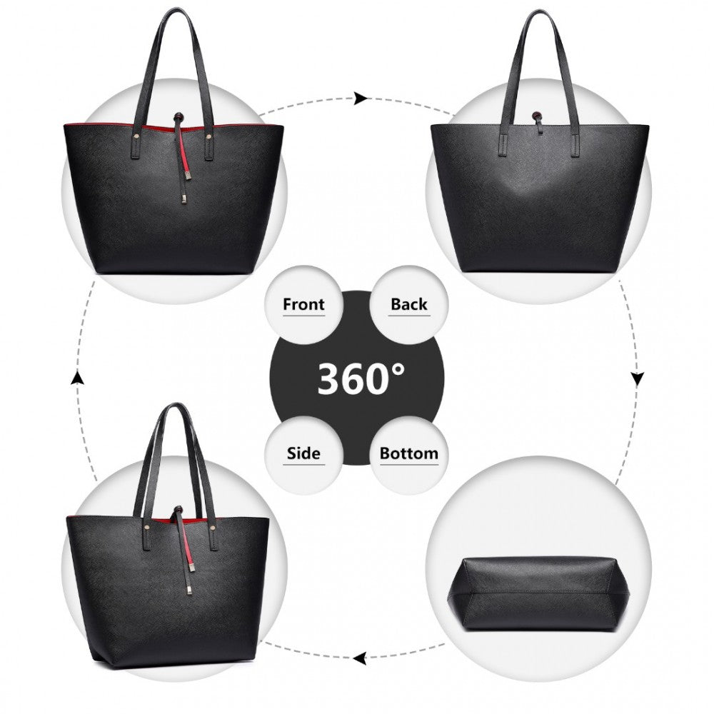 LT6628-1 - MISS LULU WOMEN REVERSIBLE CONTRAST SHOPPER TOTE BAG BLACK - The Baggage Shop