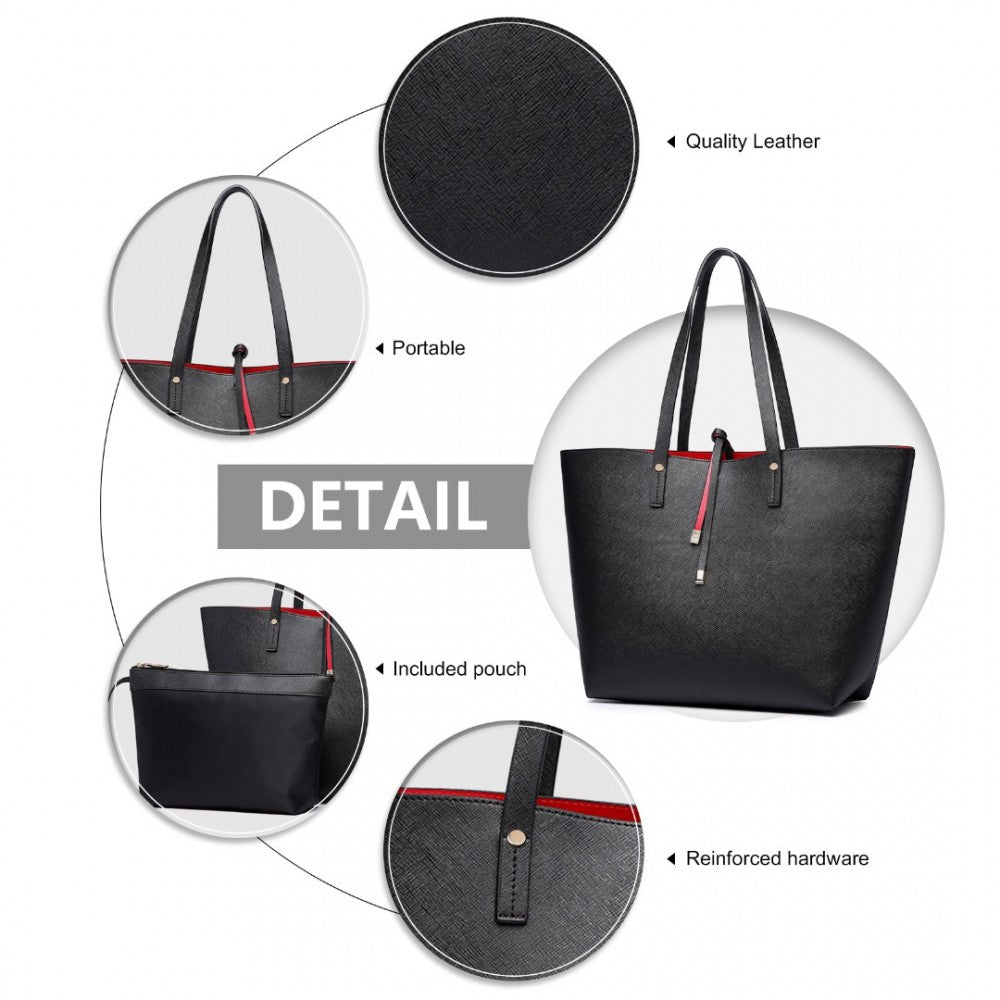LT6628-1 - MISS LULU WOMEN REVERSIBLE CONTRAST SHOPPER TOTE BAG BLACK - The Baggage Shop