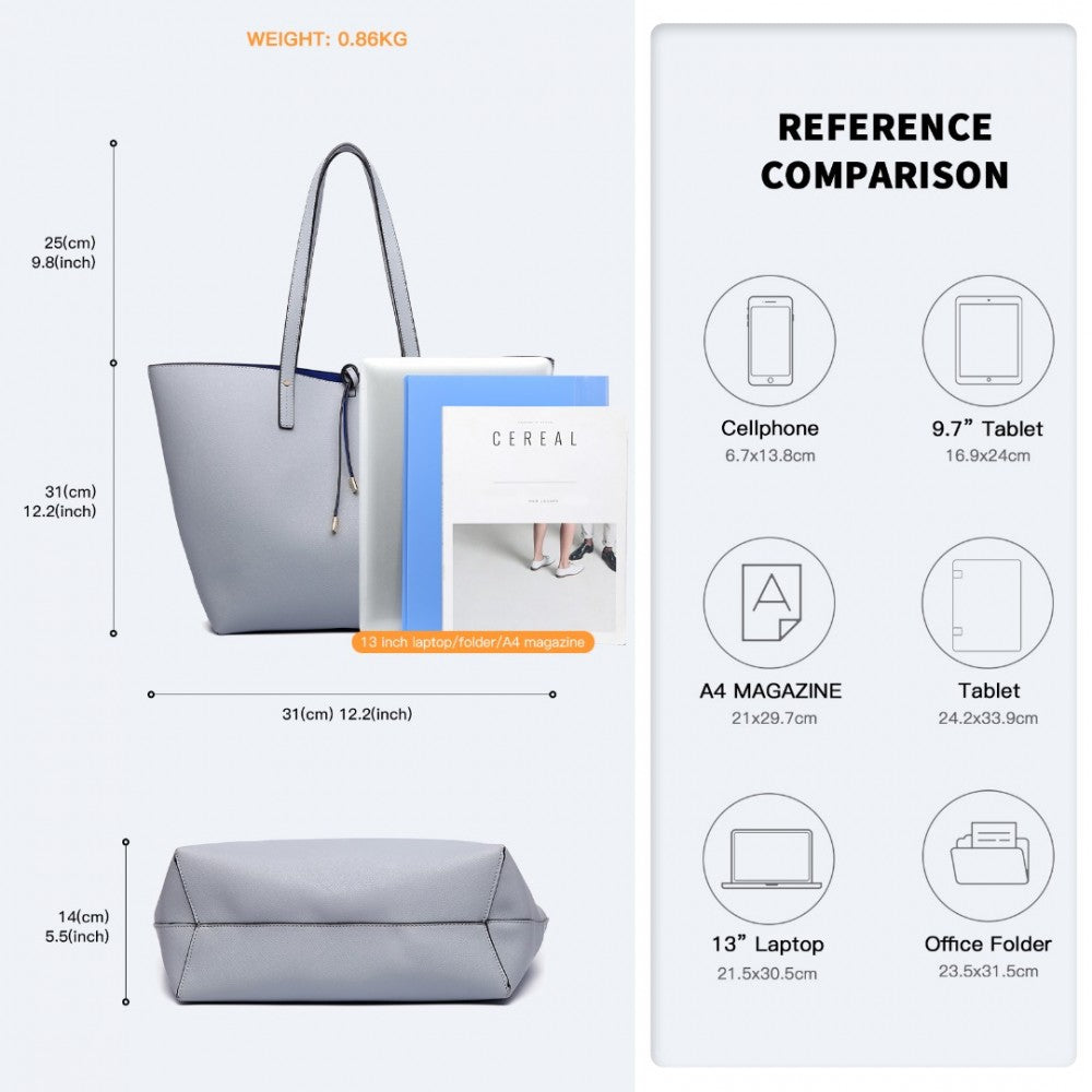 LT6628-1 - MISS LULU WOMEN REVERSIBLE CONTRAST SHOPPER TOTE BAG - GREY - The Baggage Shop