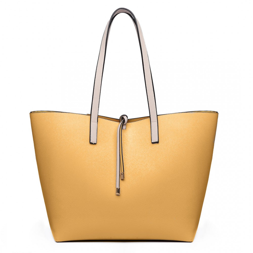 LT6628 - MISS LULU WOMEN REVERSIBLE CONTRAST SHOPPER TOTE BAG BEIGE - The Baggage Shop