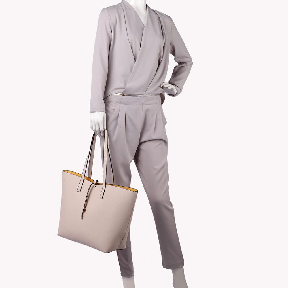 LT6628 - MISS LULU WOMEN REVERSIBLE CONTRAST SHOPPER TOTE BAG BEIGE - The Baggage Shop