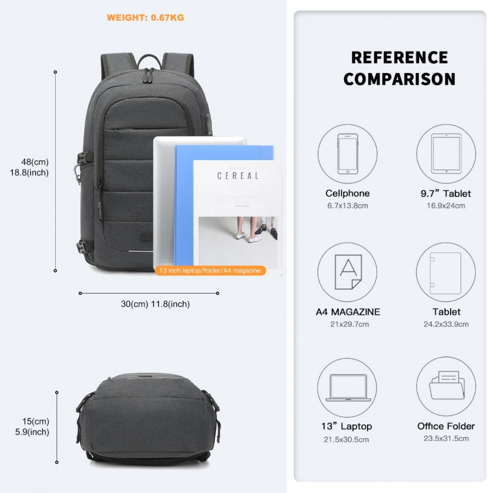 EM2347 - KONO MULTI-COMPARTMENT WATER-RESISTANT BACKPACK WITH USB CHARGING PORT - BLACK - The Baggage Shop