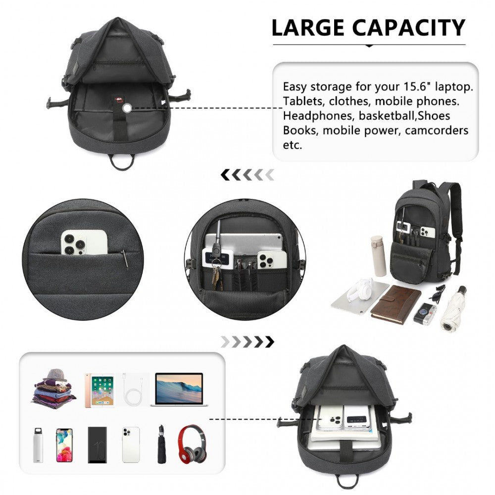 EM2347 - KONO MULTI-COMPARTMENT WATER-RESISTANT BACKPACK WITH USB CHARGING PORT - BLACK - The Baggage Shop
