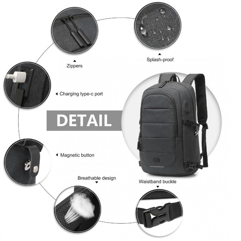 EM2347 - KONO MULTI-COMPARTMENT WATER-RESISTANT BACKPACK WITH USB CHARGING PORT - BLACK - The Baggage Shop