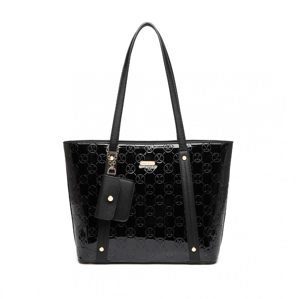 LD2217 - MISS LULU 4 PIECES GLOSSY LEATHER TOTE BAG SET - BLACK