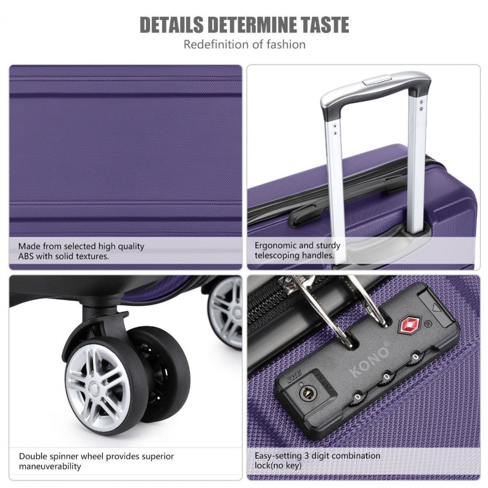 K1871-1L - KONO ABS 20 INCH SCULPTED HORIZONTAL DESIGN CABIN LUGGAGE - PURPLE - The Baggage Shop