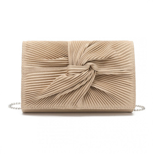 LH2252 - MISS LULU WOMEN'S PLEATED BOW EVENING BAG CLUTCH HANDBAG - LIGHT GOLD