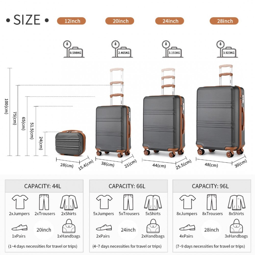 K1871-1L - KONO ABS SCULPTED HORIZONTAL DESIGN 4 PCS SUITCASE SET WITH VANITY CASE - GREY AND BROWN