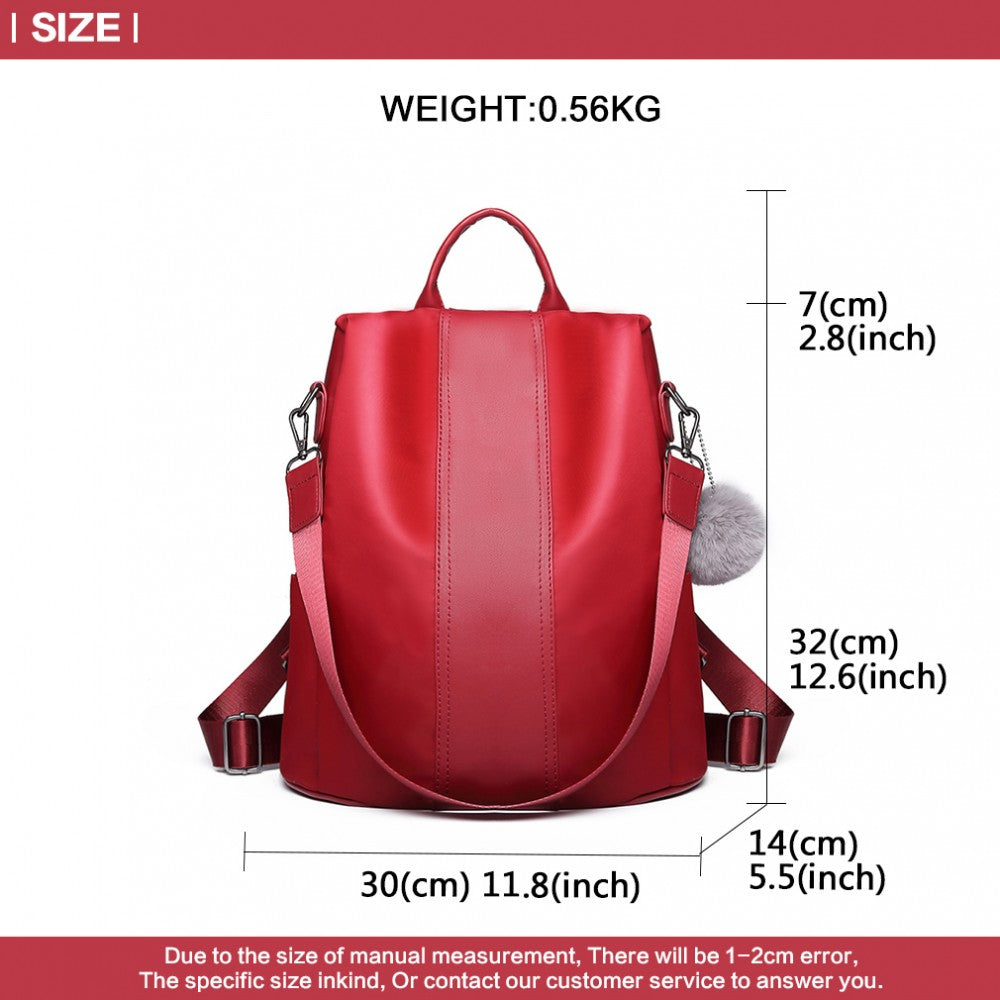 LG1903 - MISS LULU TWO WAY BACKPACK SHOULDER BAG WITH POM POM PENDANT - RED