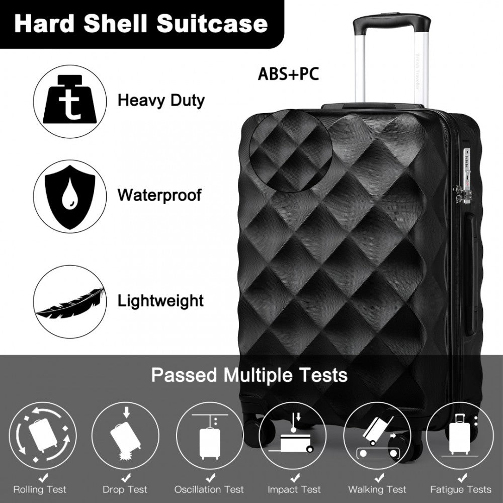 K2395L - BRITISH TRAVELLER 24 INCH ULTRALIGHT ABS AND POLYCARBONATE BUMPY DIAMOND SUITCASE WITH TSA LOCK - BLACK