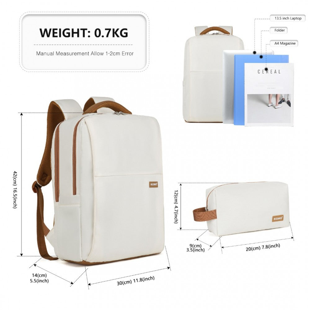 BPK2433 - KONO WATER-RESISTANT LAPTOP BACKPACK WITH USB CHARGING BUSINESS RUCKSACK FOR TRAVEL COMMUTER FEATURES INCLUDES MATCHING POUCH 2 PC SET - CREAM AND BROWN