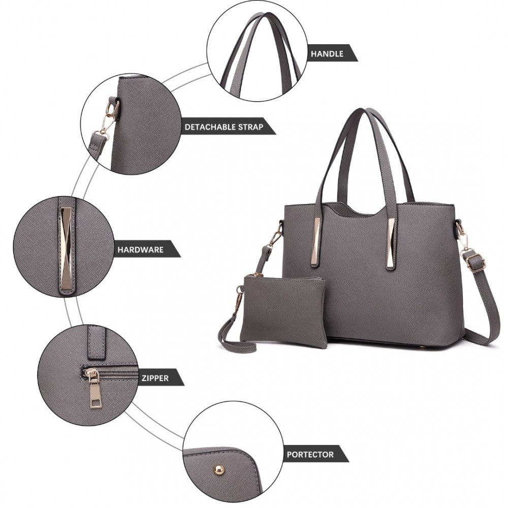 S1719 - MISS LULU PU LEATHER HANDBAG & PURSE - GREY