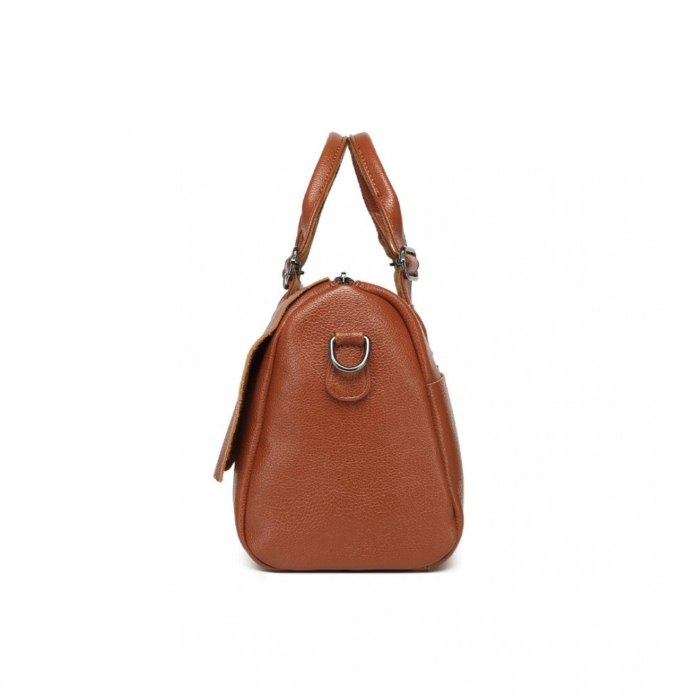 L2332 - MISS LULU PERFECT FUSION OF GENUINE AND PU LEATHER WOMEN'S TOTE CROSSBODY BAG - BROWN