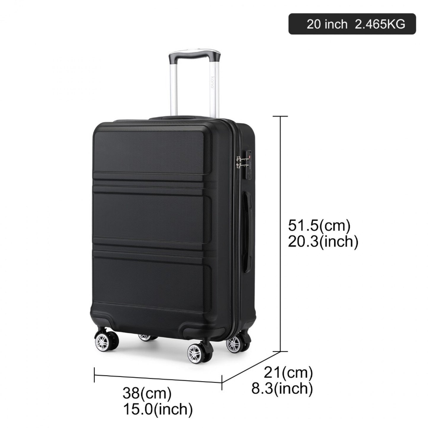 K1871-1L - KONO ABS 20 INCH SCULPTED HORIZONTAL DESIGN CABIN LUGGAGE - BLACK - The Baggage Shop