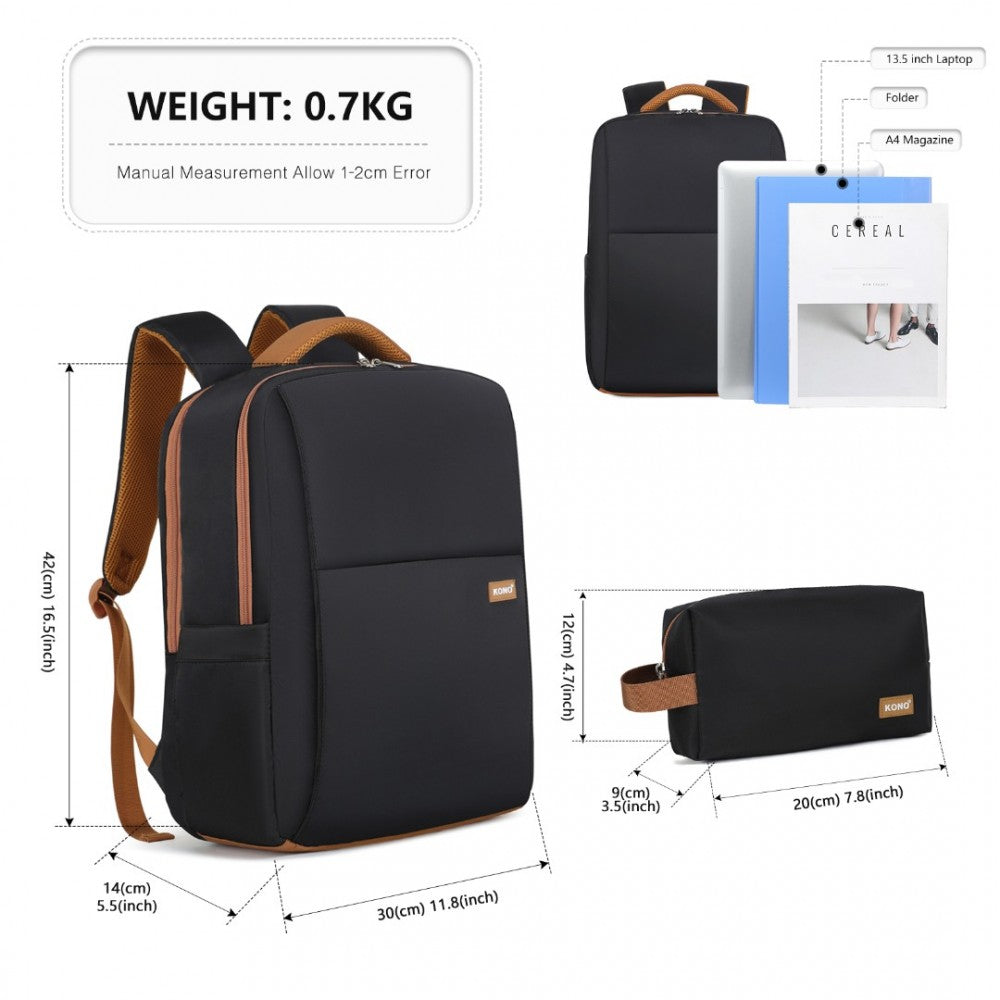 BPK2433 - KONO WATER-RESISTANT LAPTOP BACKPACK WITH USB CHARGING BUSINESS RUCKSACK FOR TRAVEL COMMUTER FEATURES INCLUDES MATCHING POUCH 2 PC SET - BLACK AND BROWN