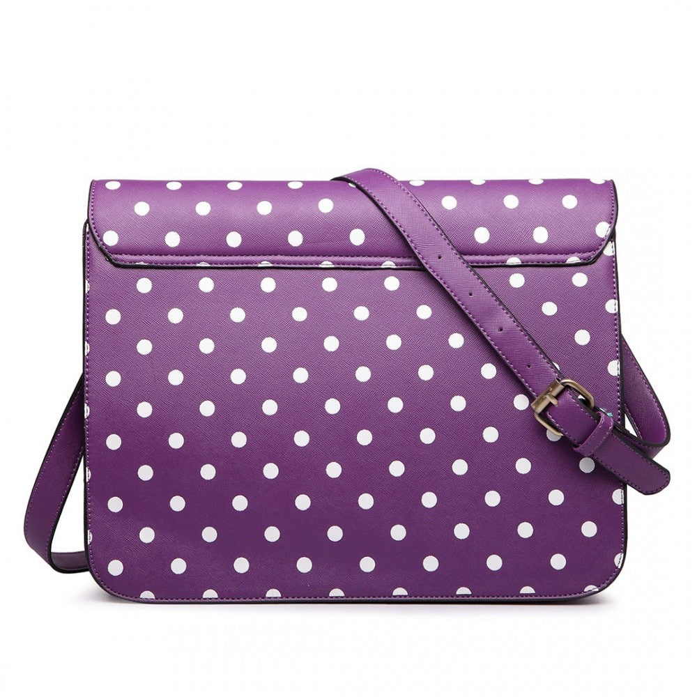 LT1665D2 - MISS LULU POLKA DOT LEATHER LOOK SCHOOL WORK SATCHEL PURPLE