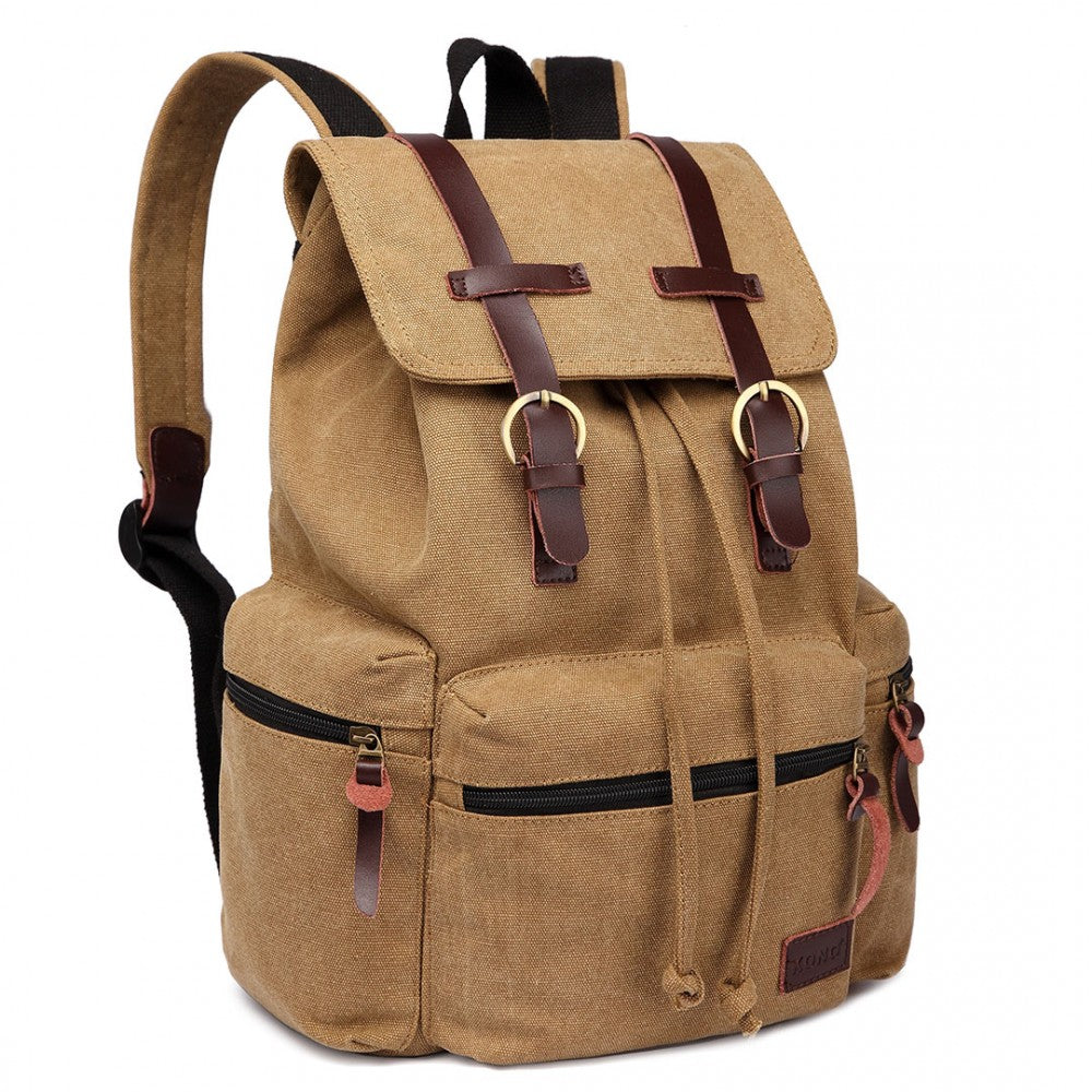 E1672 - KONO LARGE MULTI FUNCTION LEATHER DETAILS CANVAS BACKPACK - BROWN