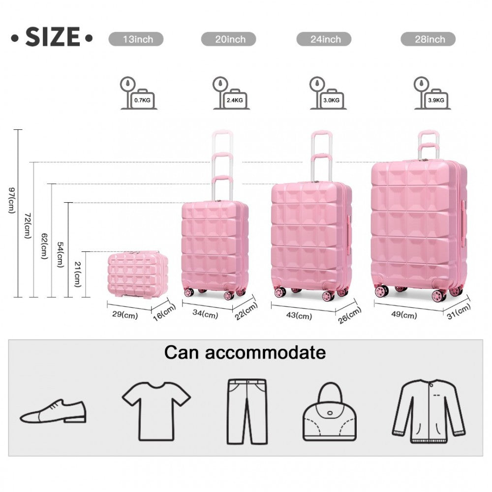 K2292L - KONO LIGHTWEIGHT HARD SHELL ABS SUITCASE WITH TSA LOCK AND VANITY CASE 4 PIECE SET - PINK