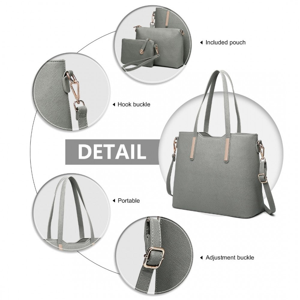 LT6648 - MISS LULU THREE PIECE TOTE SHOULDER BAG AND CLUTCH - DARK GREY