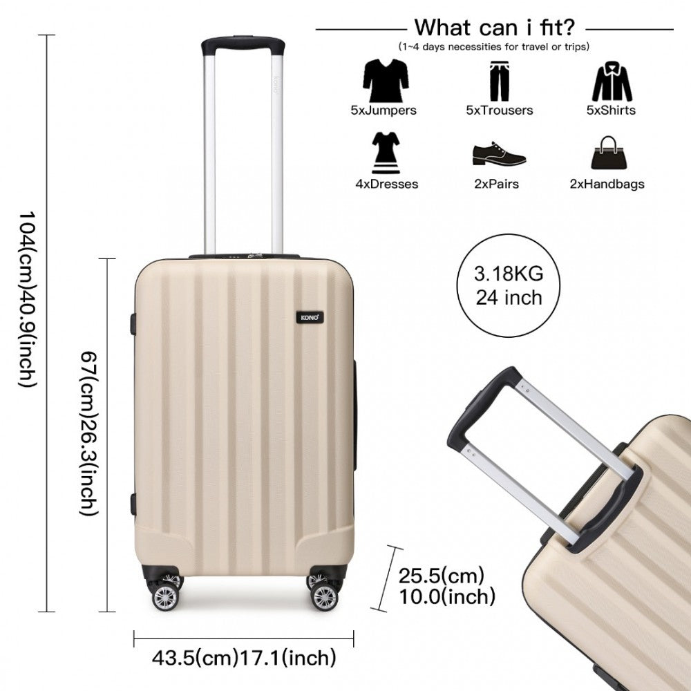 K1773-1L - KONO 24 INCH STRIPED ABS HARD SHELL LUGGAGE WITH 360-DEGREE SPINNER WHEELS - BEIGE