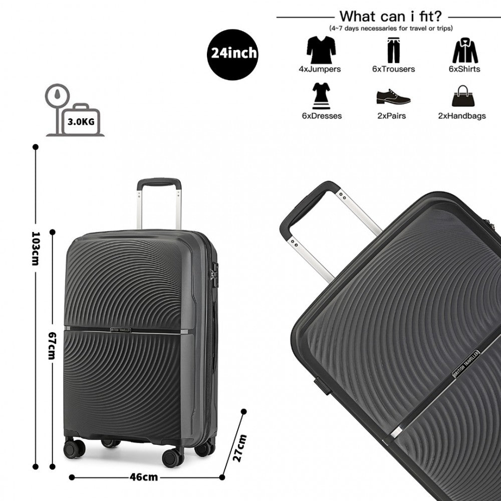 K2393L - SET DE 3 PIESE BRITISH TRAVELLER VALIZĂ CU CARCASĂ DURA PP CU ÎNCHIDERE TSA - NEGRU