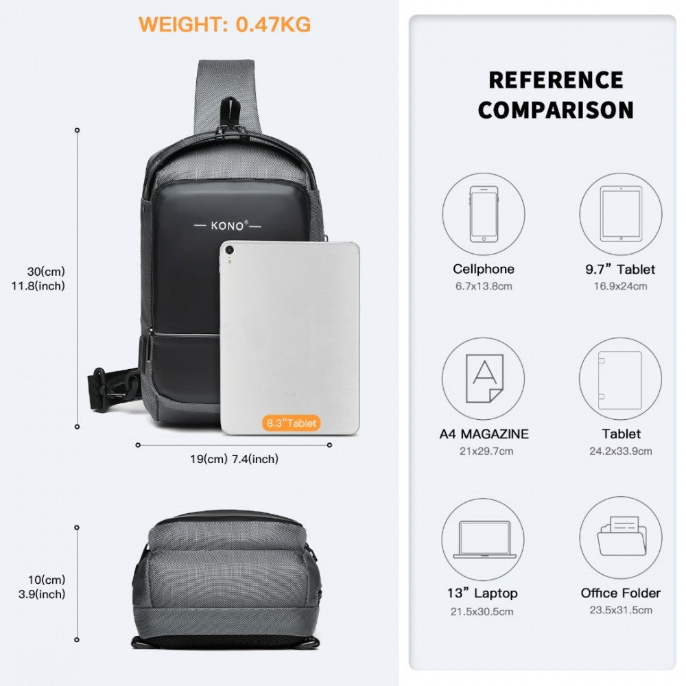 EG2403 - KONO SMART SLING CHEST BAG WITH USB CHARGING PORT LIGHTWEIGHT SINGLE STRAP CROSSBODY BACKPACK FOR DAILY USE IDEAL FOR MEN AND WOMEN - GREY AND BLACK