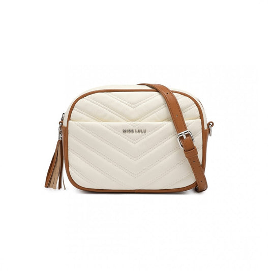 LA2119 - MISS LULU LIGHTWEIGHT QUILTED LEATHER CROSS BODY BAG - BEIGE AND BROWN