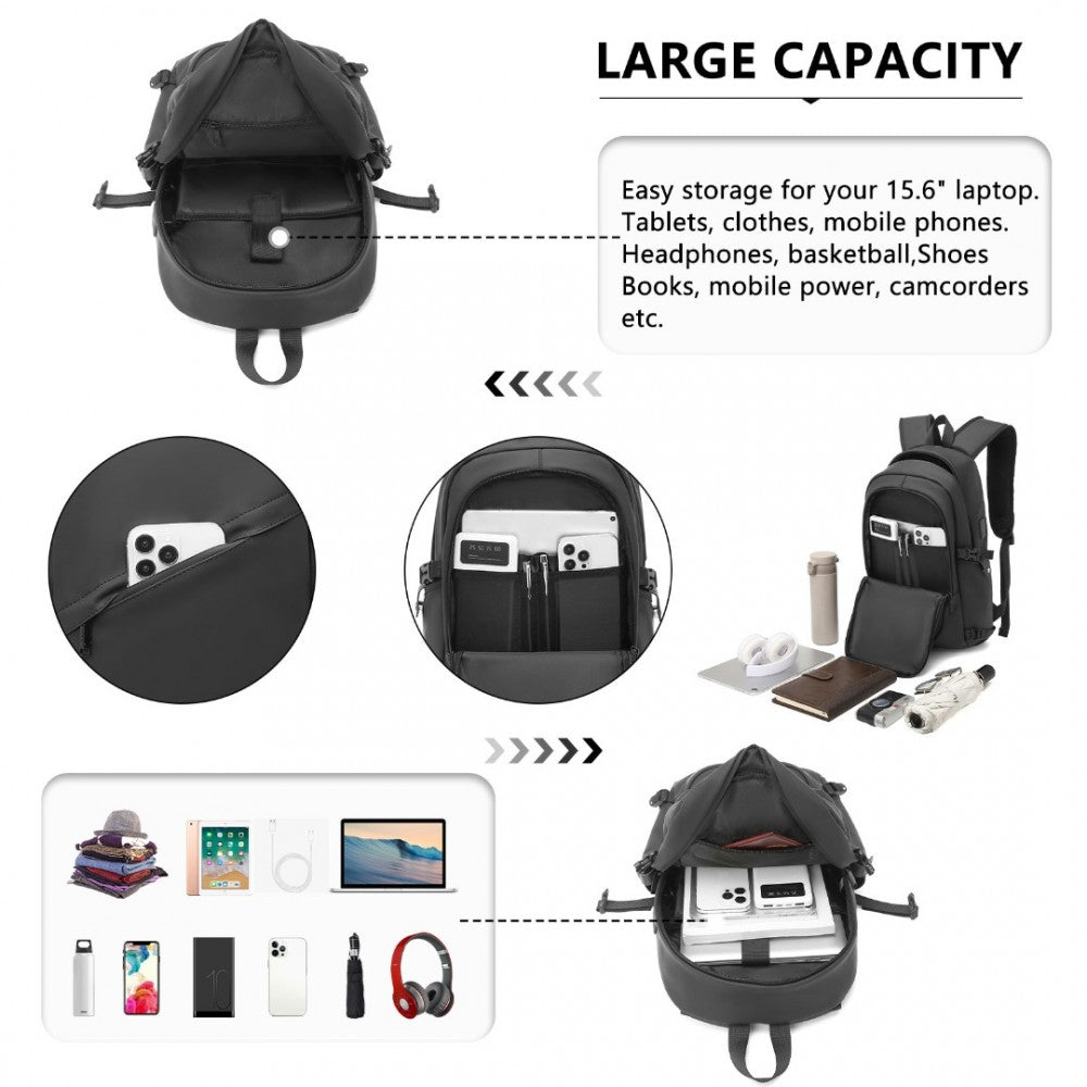 EM2349 - KONO PVC COATED WATER-RESISTANT TECH BACKPACK WITH USB CHARGING PORT - BLACK