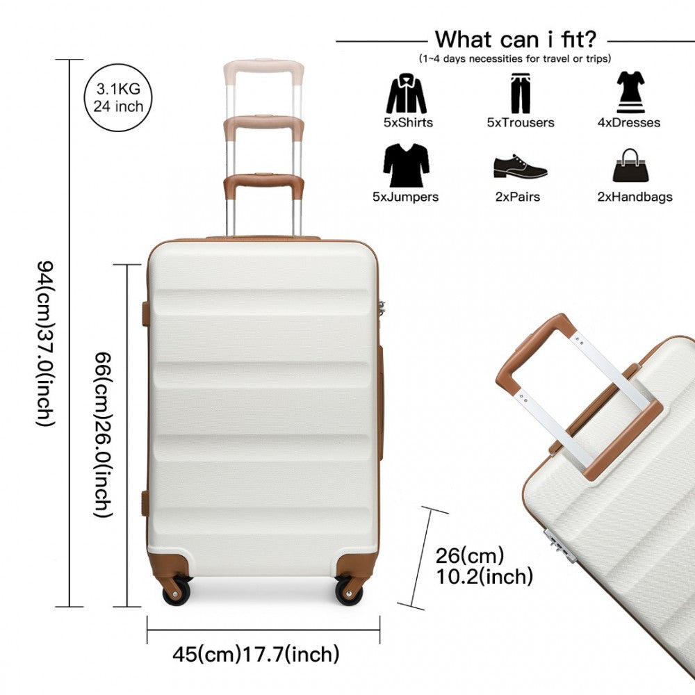 K2191L - KONO 24 INCH CHECK IN LUGGAGE - STREAMLINED ABS HARDSHELL SUITCASE WITH SECURE TSA LOCK - CREAM