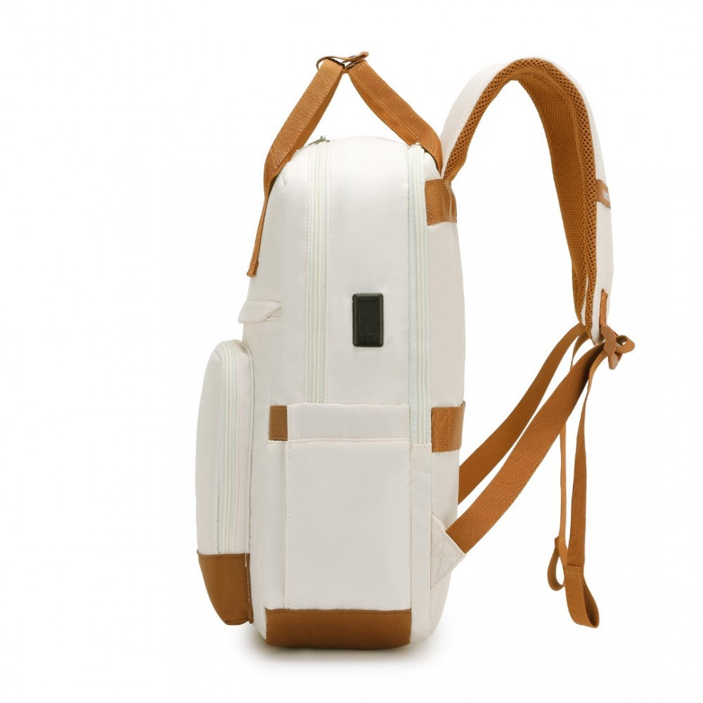 EQ2401 - KONO MULTI-COMPARTMENT LAPTOP BACKPACK WITH TYPE-C USB CHARGING PORT AND SMALL POUCH FOR DAILY COMMUTE AND TRAVEL - CREAM AND BROWN