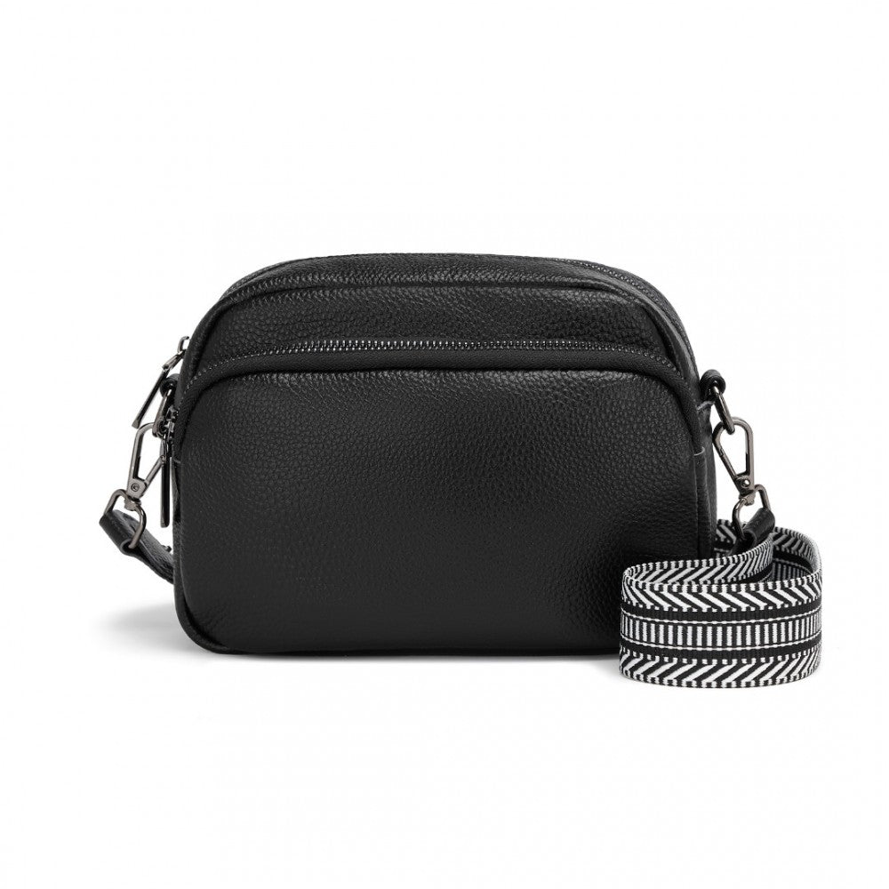 LH2418 - MISS LULU ELEGANT GENUINE LEATHER CROSSBODY SHOULDER BAG WITH JACQUARD WOVEN STRAP - BLACK