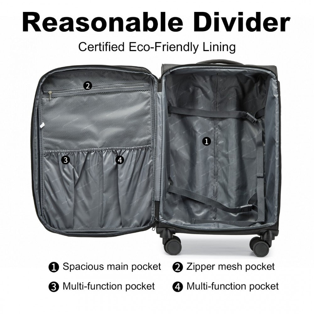 K2397L - BRITISH TRAVELLER 3-PIECE LIGHTWEIGHT SOFT SHELL LUGGAGE SET WITH TSA LOCKS - BLACK