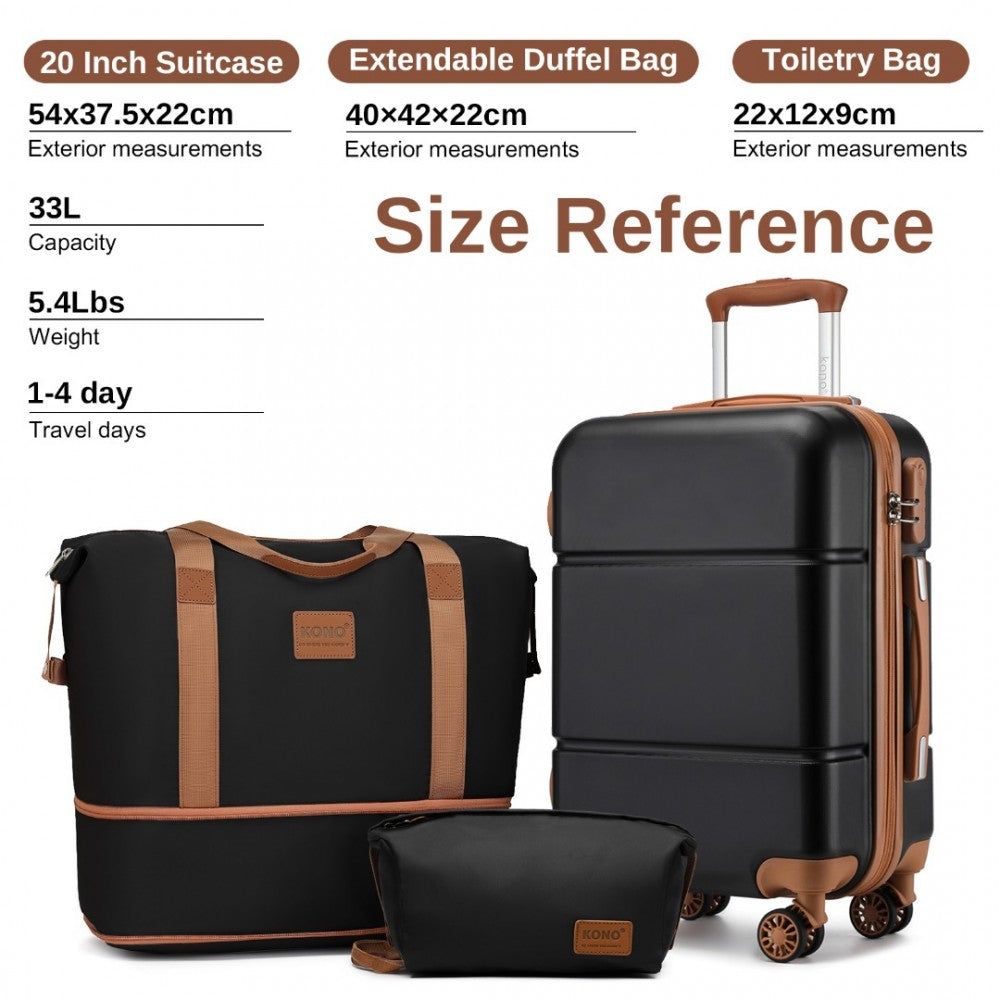 KSK2485+EA2212 - KONO 20 INCH PREMIUM ABS CABIN CARRY-ON SUITCASE SET WITH WEEKEND BAG AND TOILETRY BAG - BLACK AND BROWN