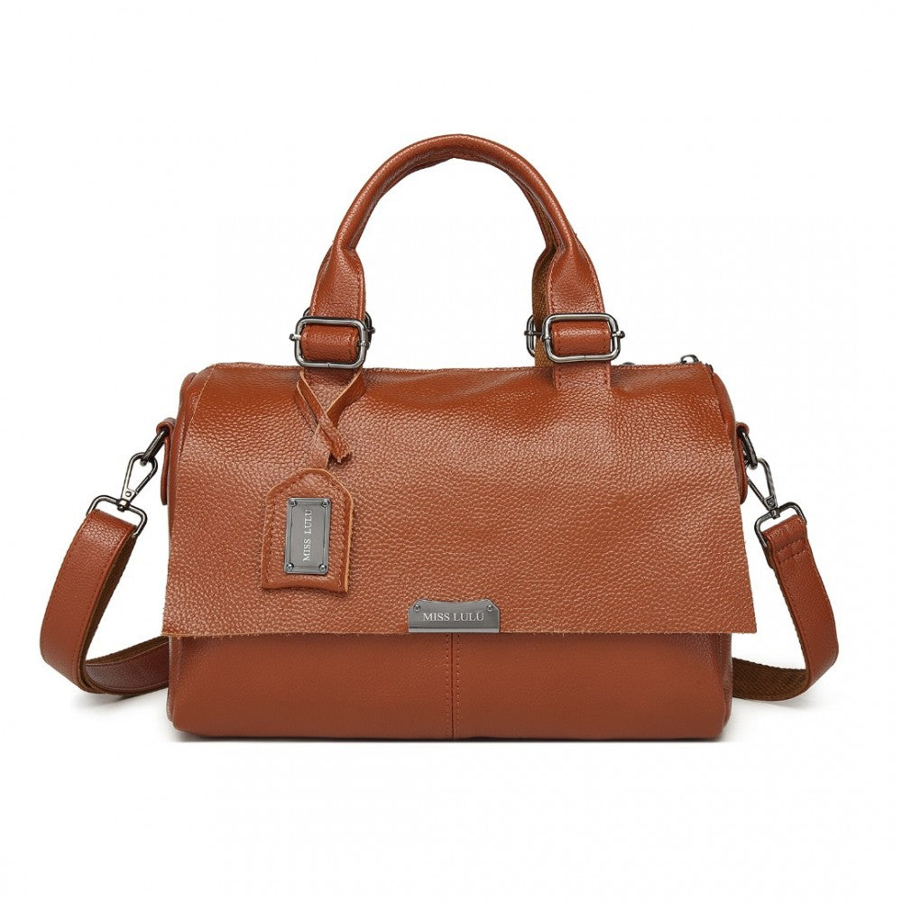 L2332 - MISS LULU PERFECT FUSION OF GENUINE AND PU LEATHER WOMEN'S TOTE CROSSBODY BAG - BROWN