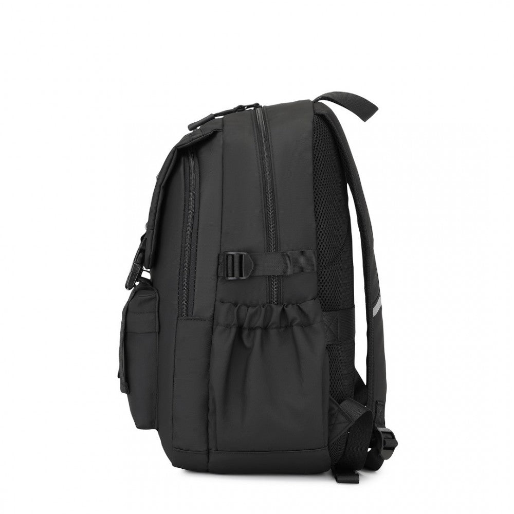 EQ2416 - KONO PVC COATED URBAN WATER-RESISTANT BACKPACK WITH REFLECTIVE SAFETY STRAPS AND MULTI-COMPARTMENT DESIGN - BLACK