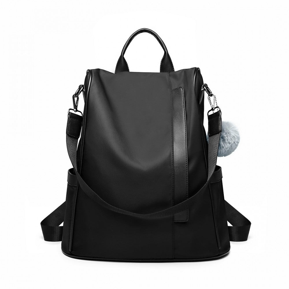 LG6917 - MISS LULU TWO WAY ANTI-THEFT BACKPACK WITH POM POM PENDANT - BLACK