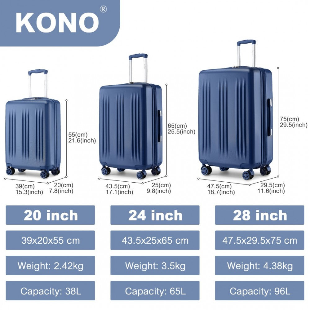 KSK2483 - KONO 3 PIECE LUGGAGE SET 20/24/28 INCH SLEEK STRIPED EXPANDABLE ABS+PC SUITCASE WITH TSA LOCK AND FOUR SPINNER WHEELS - NAVY