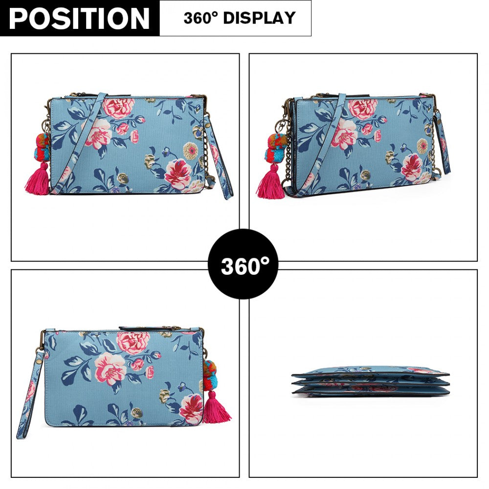 LG6803-MISS LULU CANVAS WITH POMPOM PENDANT HANDBAG SHOULDER BAG BLUE